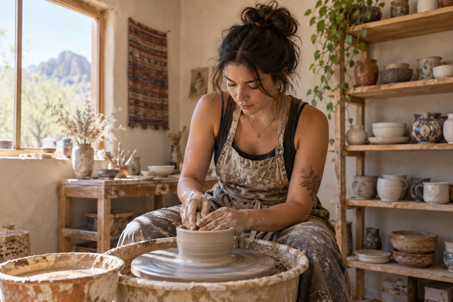 Editorial illustration of a ceramic artist at work in a sunlit studio